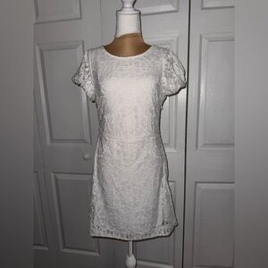 New Free People Hailee Lace Mini Tie Back Puffed Sleeves Dress White Sz M